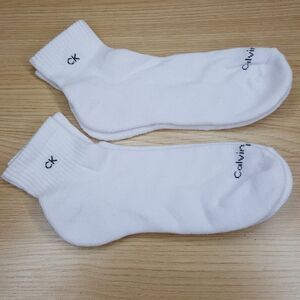 CALVIN KLEIN Quarter Ankle Socks Mens Solid White 2-Pack Cushioned CK Logo